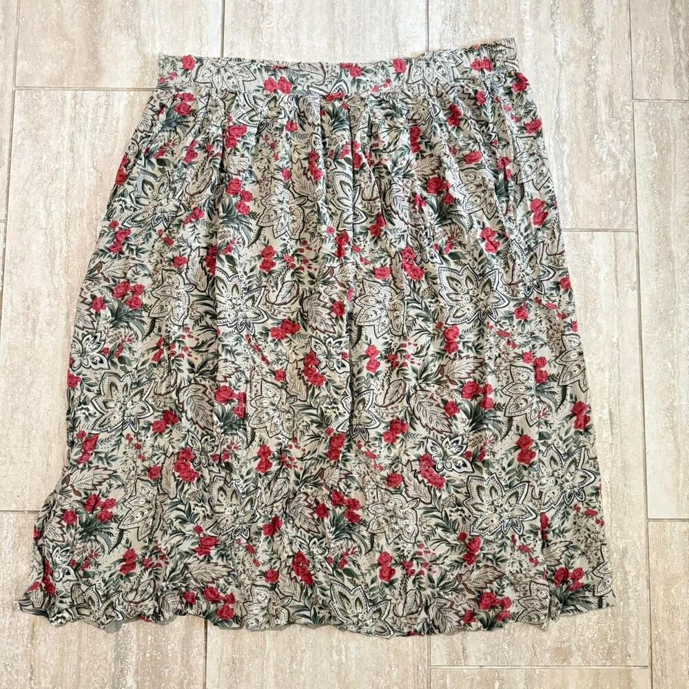 Vintage 100% silk floral pleated midi skirt sz 24W Red Beige cottagecore fairy